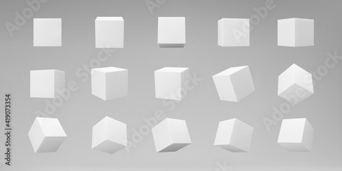 White 3d modeling cubes set with perspective isolated on grey background. Render a rotating 3d box in perspective with lighting and shadow. Realistic vector icon
