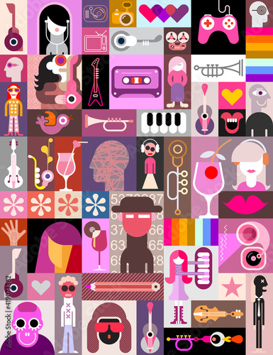 Pop Art Collage vector illustration Pop art vector collage of characters  people avatars  different objects and abstract shapes. Can be used as a seamless background. 