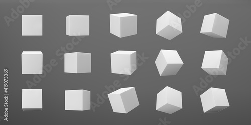 White 3d modeling cubes set with perspective isolated on dark background. Render a rotating 3d box in perspective with lighting and shadow. Realistic vector icon