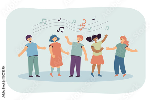 Children singing songs. Choir of boys and girls in church or vocal group in music school. Vector illustration for leisure activities, friendship, music concept