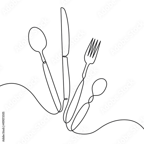 Continuous One Line Drawing. Spoons, Forks, Knife, Eating Utensils. Cooking Utensils Line Art Style for Logos, Business Cards, Banners. Black and White Minimalist Vector illustration