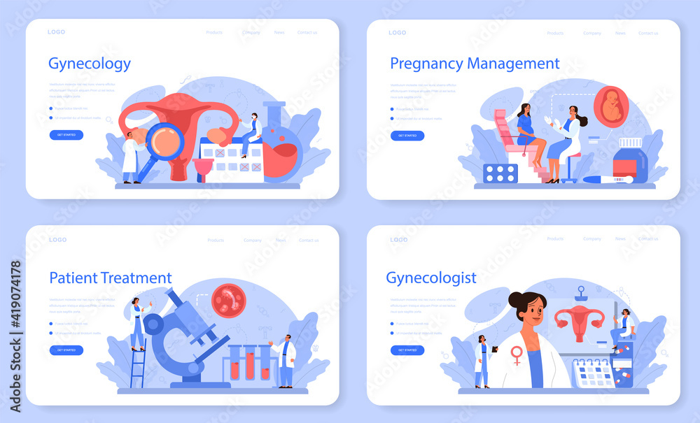Gynecologist web banner or landing page set. Women health. Human anatomy, Gynecologist web banner or landing page set. Women health. Human anatomy,