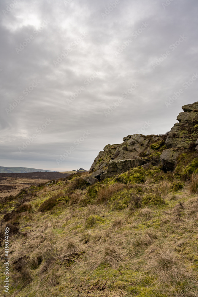 Bleak winter panoramic view of Baldstone, and Gib Torr in the Peak District National Park.