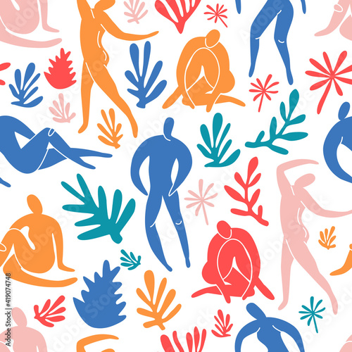 Seamless pattern trendy doodle and abstract people icons on white background. Summer collection, unusual shapes in freehand matisse art style. Includes people, floral art.