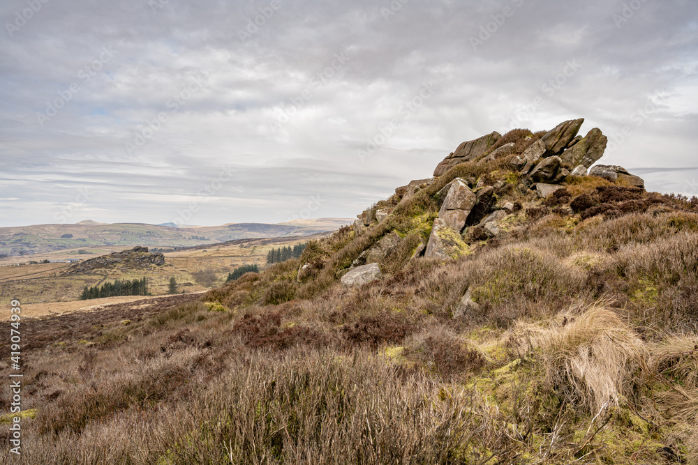 Bleak winter panoramic view of Baldstone, and Gib Torr in the Peak District National Park. Bleak winter panoramic view of Baldstone, and Gib Torr in the Peak District National Park.