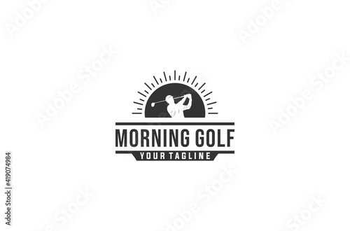 Morning golf logo with illustration of golf player and morning sun