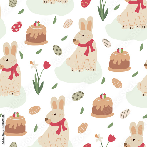 Spring seamless pattern. Cute Easter rabbits or bunnies on the grass, colorful eggs, tulip flowers and Easter cakes. Great for fabrics, wrapping papers, covers. Vector hand drawn illustration.