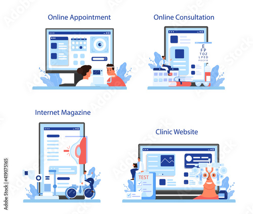 Oculist online service or platform set. Idea of eye exam and treatment.