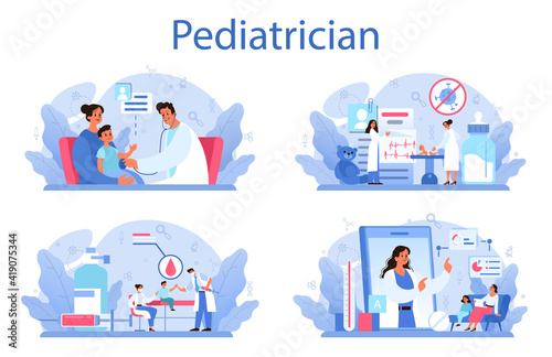 Pediatrician concept set. Doctor examining a child with stethoscope.