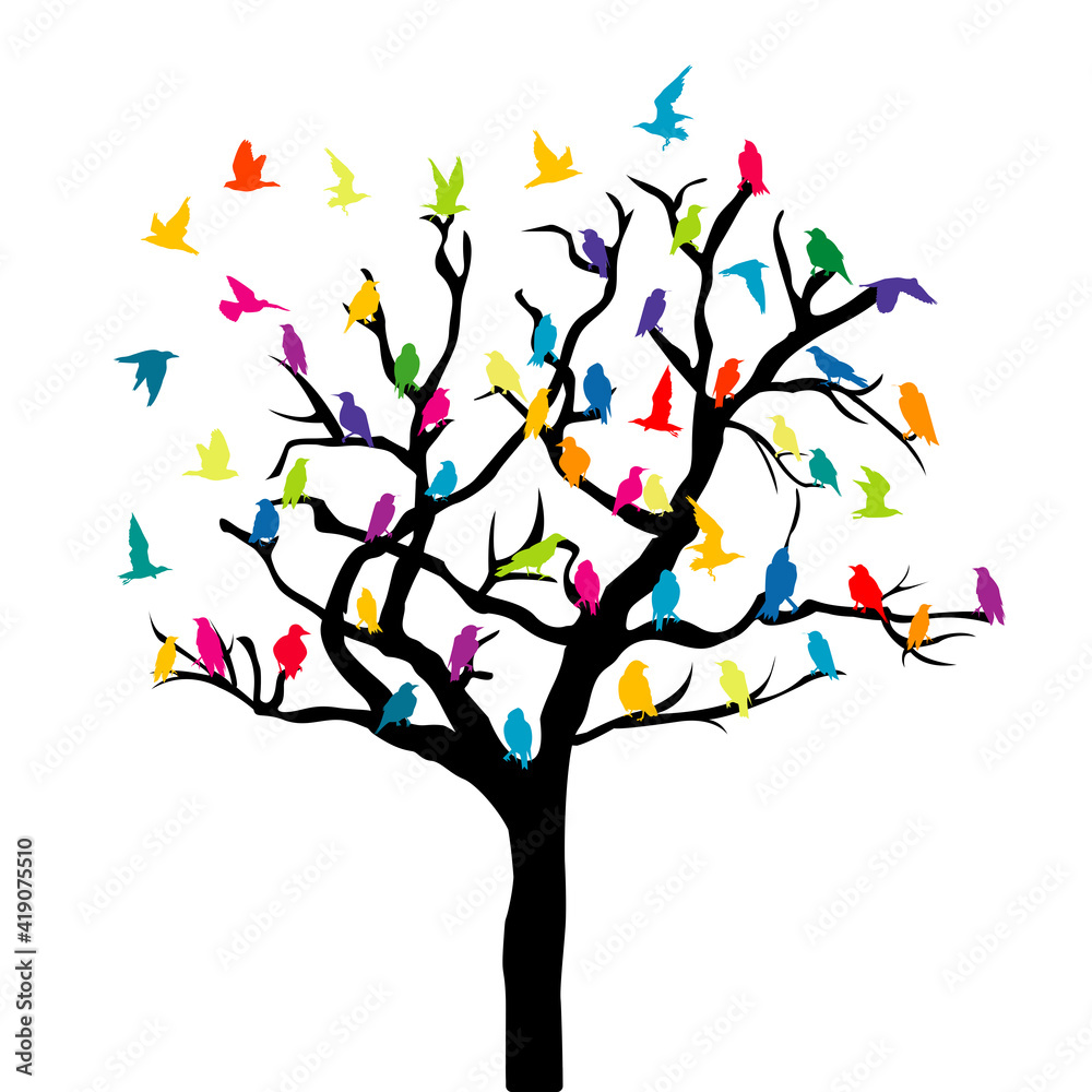 Tree with colored birds on white background Tree with colored birds on white background
