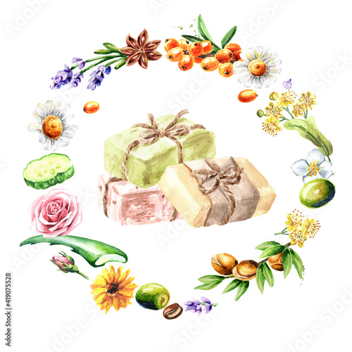 Natural handmade soap and natural ingredients. Watercolor hand drawn illustration, isolated on white background