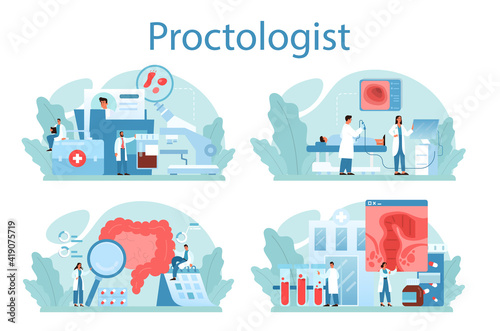 Proctologist concept set. Doctor examine intestine. Idea of health