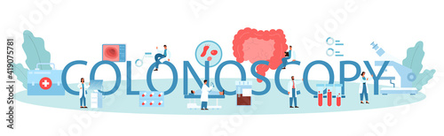 Colonoscopy typographic header. Doctor examine intestine. Idea of health