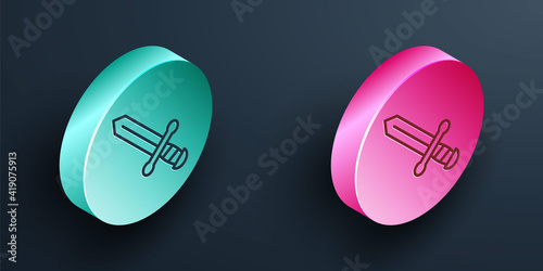 Isometric line Medieval sword icon isolated on black background. Medieval weapon. Turquoise and pink circle button. Vector.