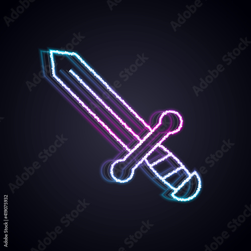 Glowing neon line Medieval sword icon isolated on black background. Medieval weapon. Vector.