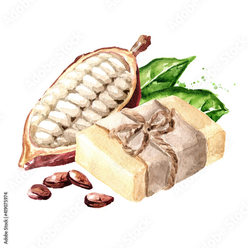 Natural handmade soap with Cacao oil. Watercolor hand drawn illustration, isolated on white background