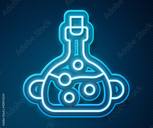 Glowing neon line Poison in bottle icon isolated on blue background. Bottle of poison or poisonous chemical toxin. Vector.