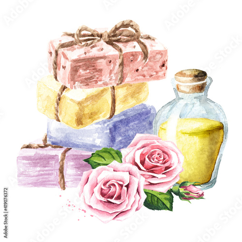 Natural handmade soap  with essential oil and rose flower. Watercolor hand drawn illustration  isolated on white background