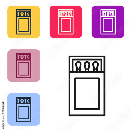 Black line Open matchbox and matches icon isolated on white background. Set icons in color square buttons. Vector.