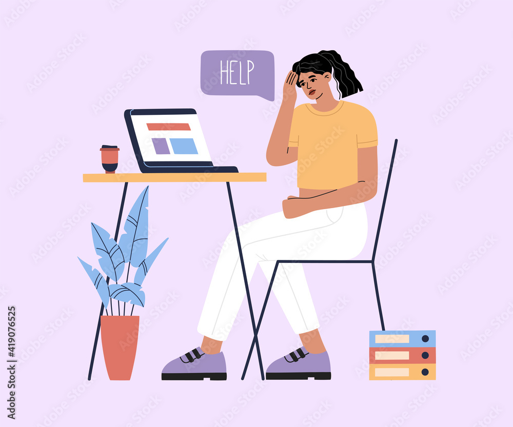 Fototapeta premium Young girl tired of hard working, sad because of work, woman at office sits by the table with laptop and has a cup of coffee and procrastinating, unhappy person overworked. Modern trendy illustration
