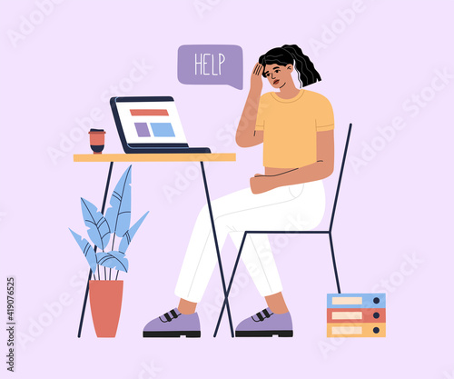 Young girl tired of hard working, sad because of work, woman at office sits by the table with laptop and has a cup of coffee and procrastinating, unhappy person overworked. Modern trendy illustration