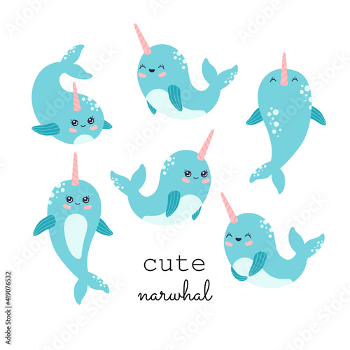 Kawaii narwhal stickers collection, cute baby whale set. Funny ocean animals with pink horn bundle in pastel color, modern trendy vector illustration, flat cartoon style, isolated on white background