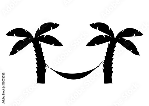 Hammock icon in black color. Hammock between palm trees. Glyph icon relaxes. Palm trees on the beach. Summer logotype. Vacation icon. Vector
