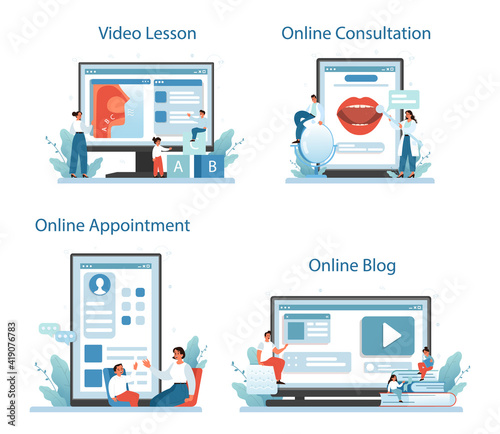 Speech therapist online service or platform set. Didactic correction