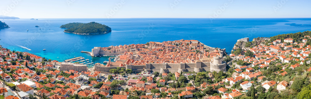 Aerial panorama view of Dalmatia Coastline in Dubrovnik with view of Lokrum island in Croatia summer morning