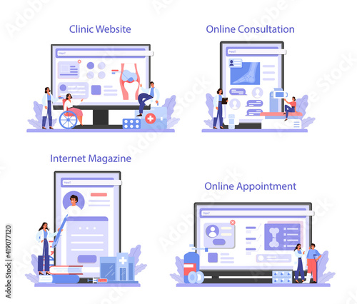 Traumatologist online service or platform set. Injured limb, broken bone