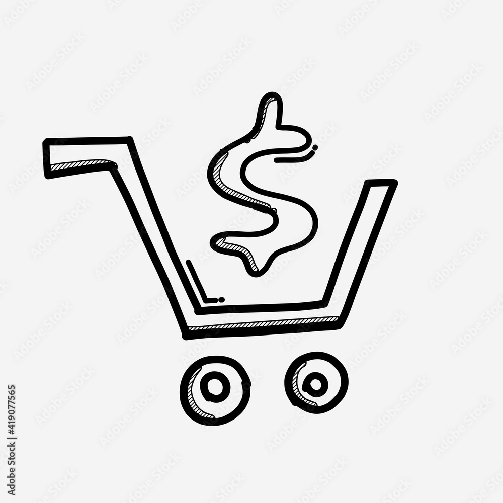 Shopping cart with money vector icon. Drawing sketch illustration hand drawn line eps10 Shopping cart with money vector icon. Drawing sketch illustration hand drawn line eps10