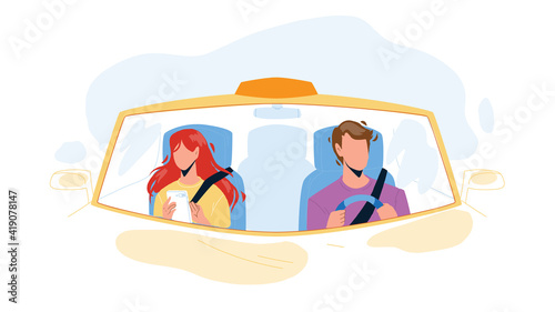 Driver Man Driving Car And Carrying Girl Vector