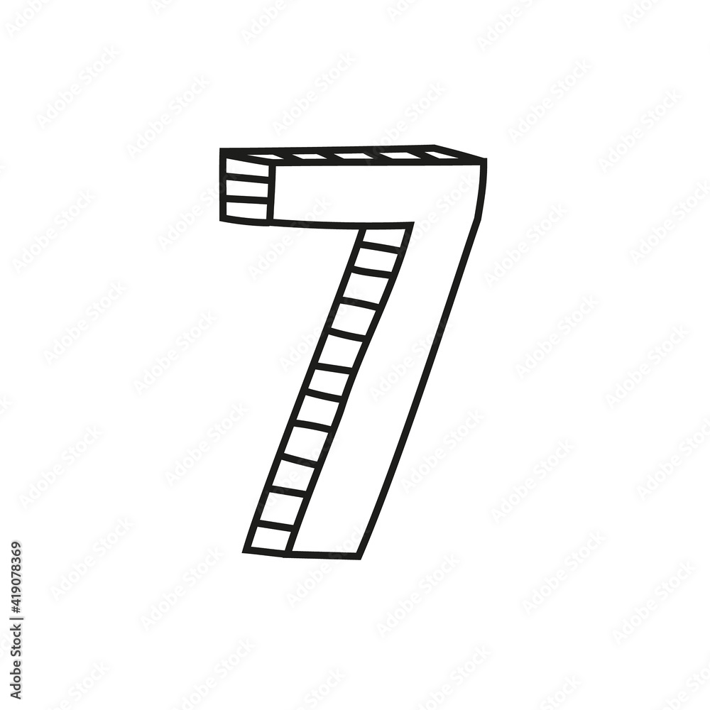 Vector illustration of number seven in sketch style. Hand drawn figure 7