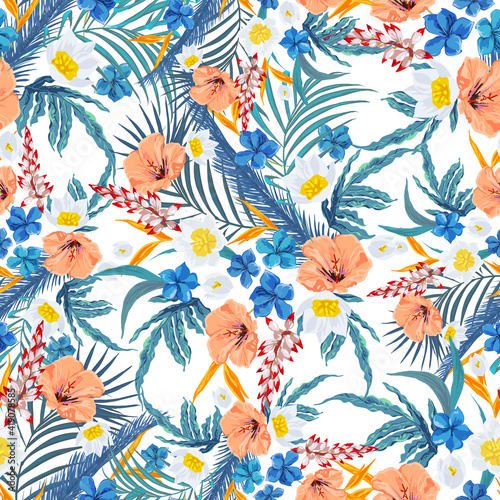 Beautiful tropical foliage. Seamless print design. Surface pattern with exotic floral motif.