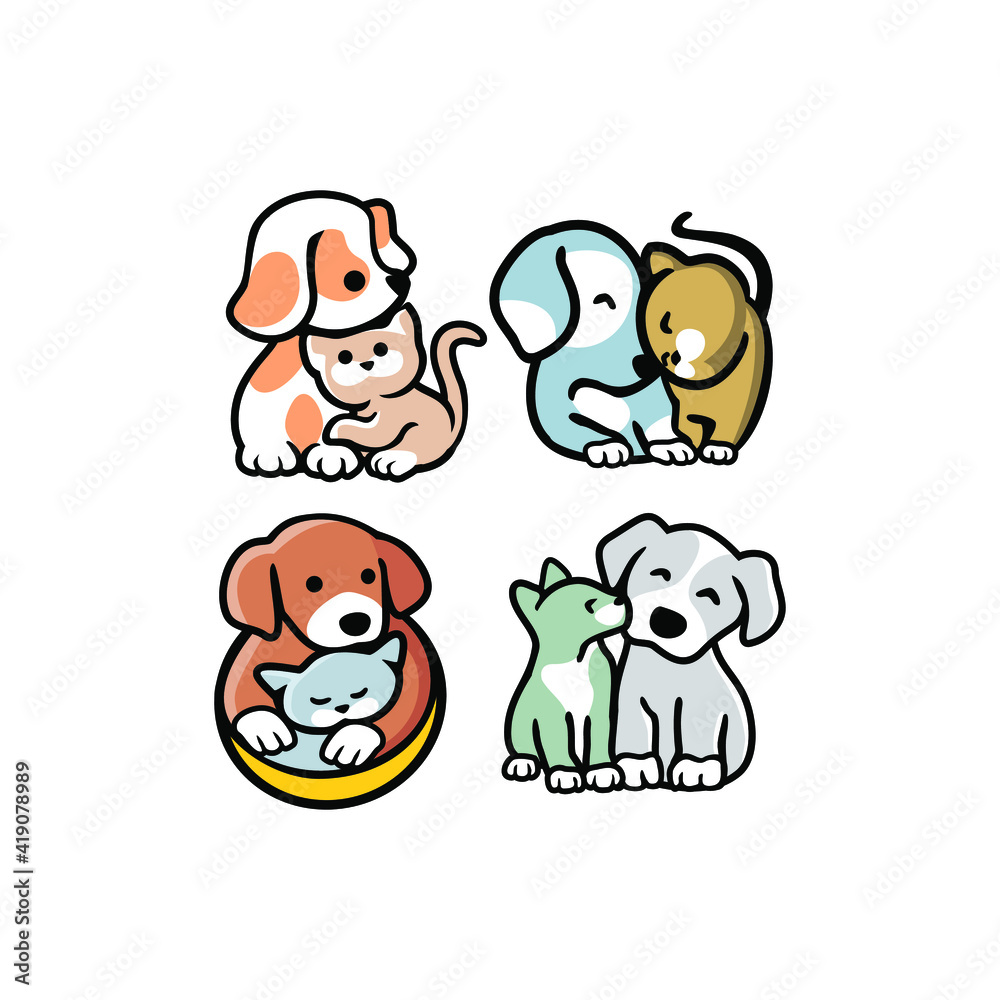 Obraz premium set of Cute funny cats and dogs logo, pets cartoon collection. Furry human friends home animals