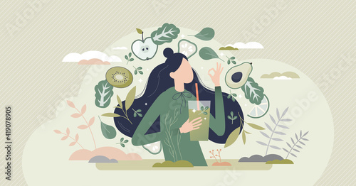 Green smoothie as healthy diet cocktail for slimming tiny person concept