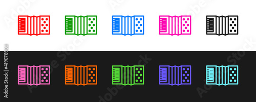 Set line Musical instrument accordion icon isolated on black and white background. Classical bayan, harmonic. Vector.