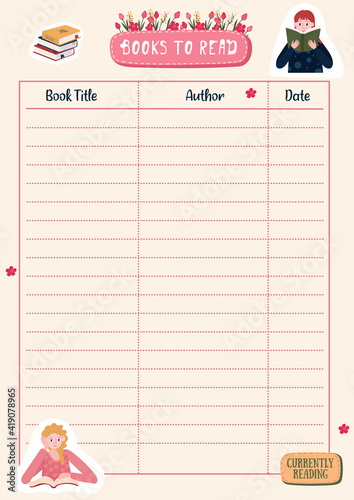 Books to Read List. Printable reading plan for education for children or student. Paper plan with stickers.