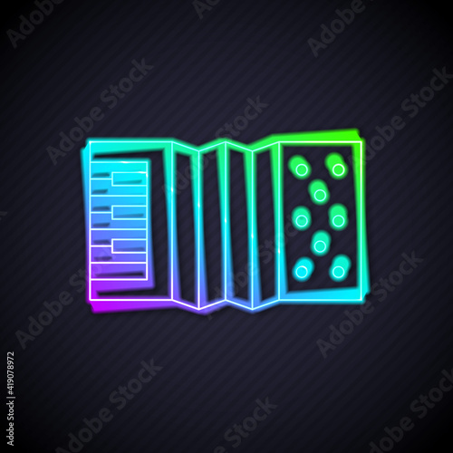 Glowing neon line Musical instrument accordion icon isolated on black background. Classical bayan, harmonic. Vector.