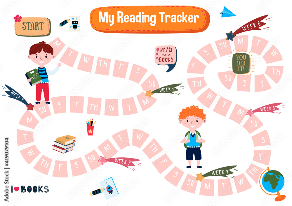Printable Reading habit tracker for children. School Planner books
