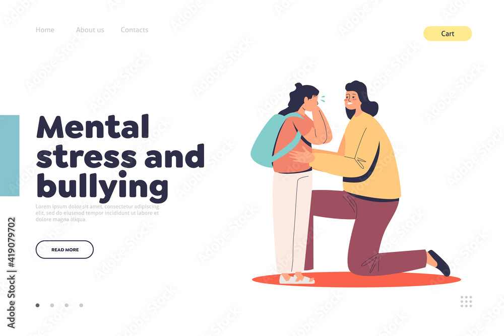 Mental stress and bullying in school concept of landing page with crying little schoolgirl
