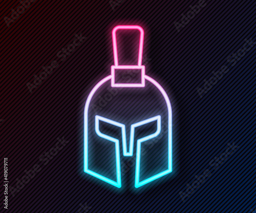 Glowing neon line Greek helmet icon isolated on black background. Antiques helmet for head protection soldiers with a crest of feathers or horsehair. Vector.