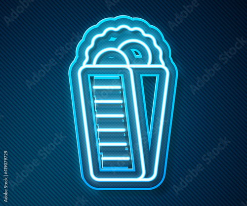 Glowing neon line Gyros Pita Greek fast food traditional cuisine icon isolated on blue background. Gyro with greek salad in tzatziki sauce wrapped sandwich. Vector.
