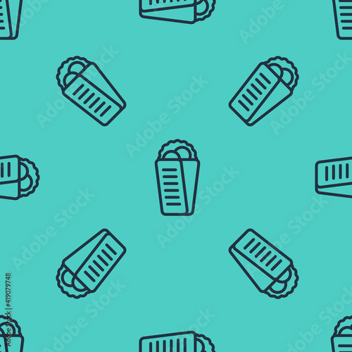 Black line Gyros Pita Greek fast food traditional cuisine icon isolated seamless pattern on green background. Gyro with greek salad in tzatziki sauce wrapped sandwich. Vector.