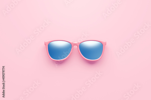 Pink fashion sunglasses and blue lens optic on summer object background with modern accessory design. 3D rendering.