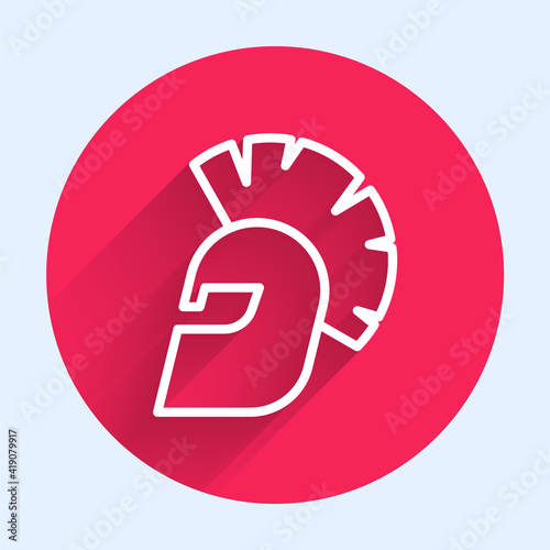 White line Greek helmet icon isolated with long shadow. Antiques helmet for head protection soldiers with a crest of feathers or horsehair. Red circle button. Vector.