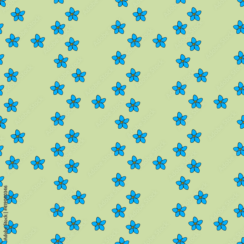 Seamless pattern with flowers forget-me-not on light green background. Vector image.