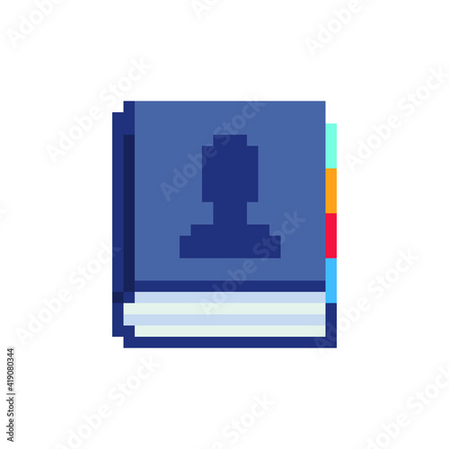 Library, address book of contacts, notebook pixel art icon, phone book isolated vector illustration. Element design for sticker, logo, web, mobile app. 8-bit sprites.