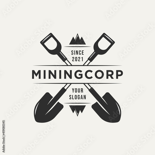 mining corp and two crossed shovel vintage logo template vector. retro classic mining, miner logo concept