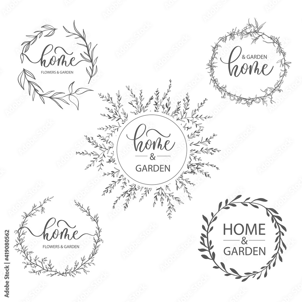 Home - an inscription with leaves and twigs for the decoration of household utensils, design, decoration of things, textiles.